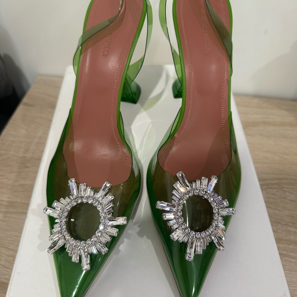 Amina Muaddi forest green PVC heels